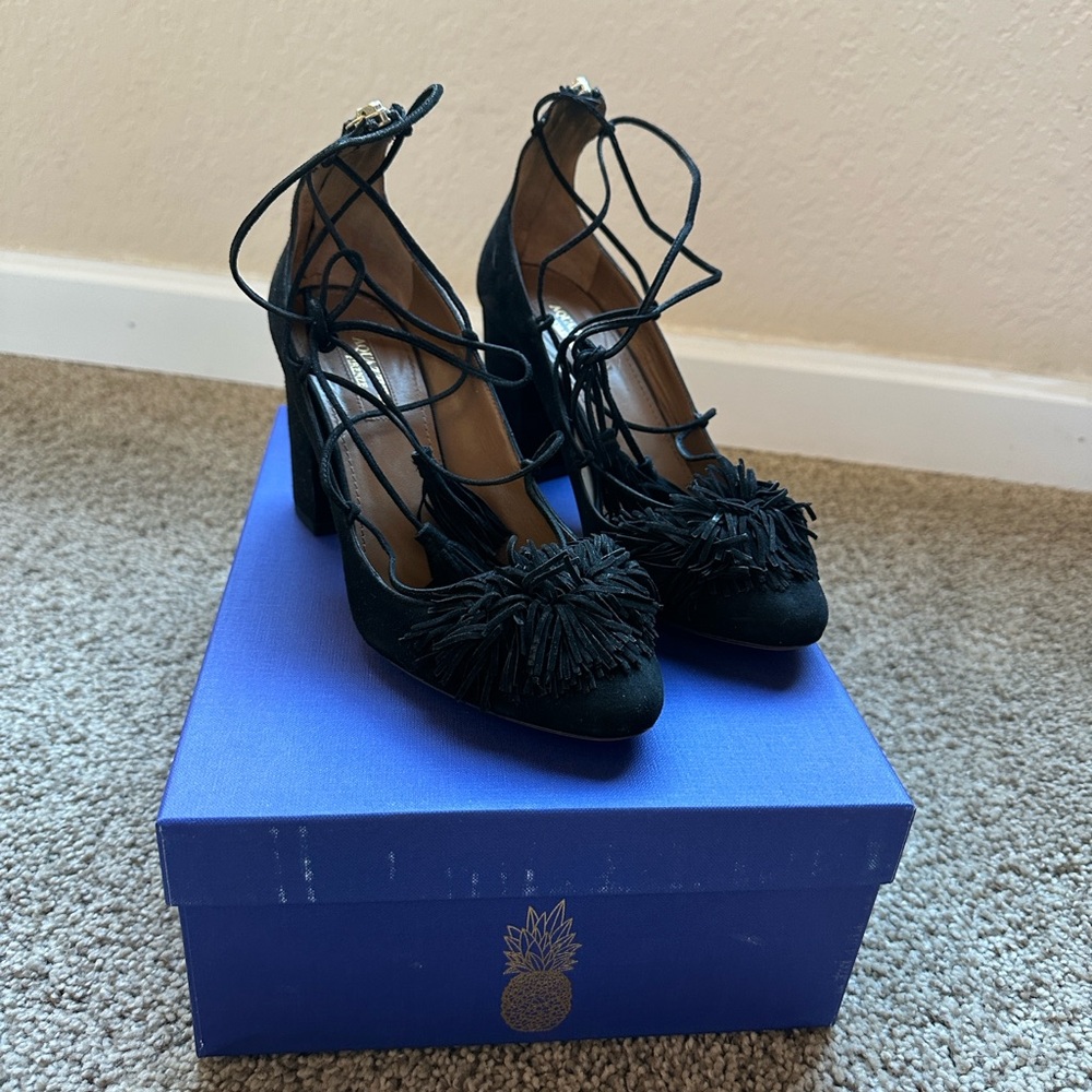 Aquazzura Black Heels with Fringe and Lace-Up Detail